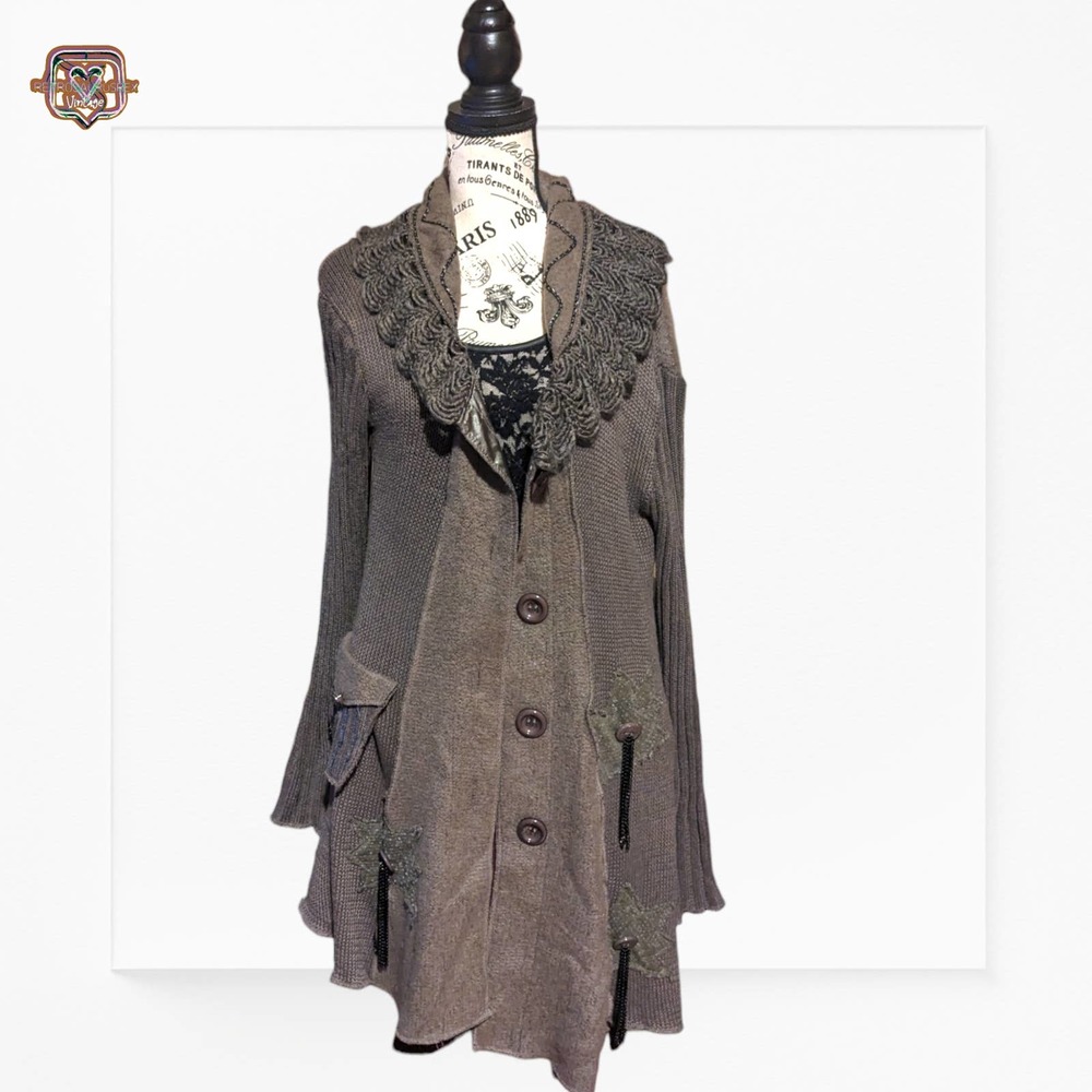 Fantazia Lagerlook Wool Patchwork Knit Oversized Cardigan Sweater, Medium - Picture 8 of 11